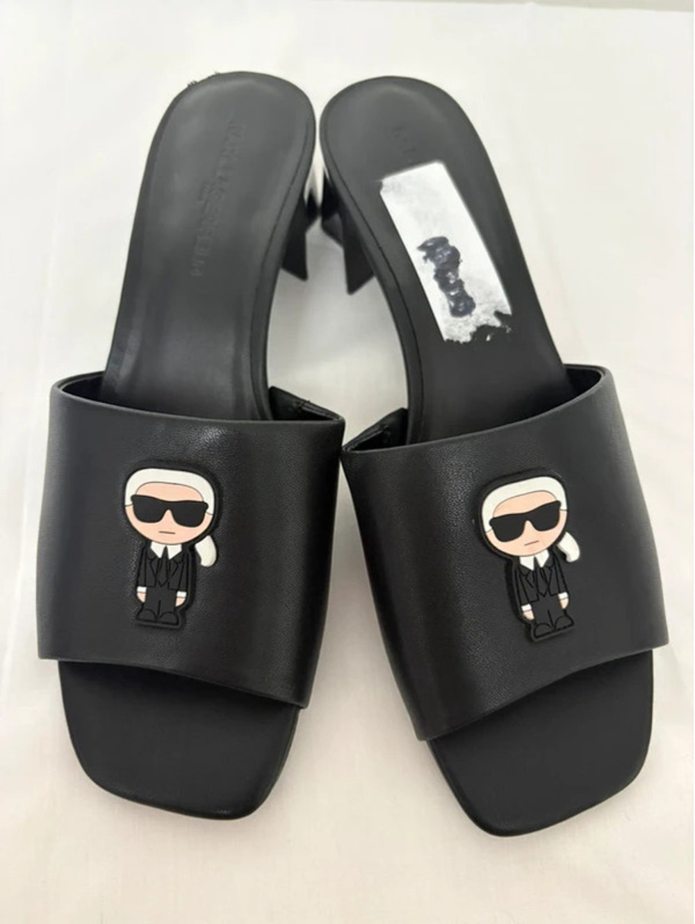 Karl Lagerfeld Paris Black Ikonik Karl Block Heel Mule Sandals Size 8.5 - Picture 5 of 7